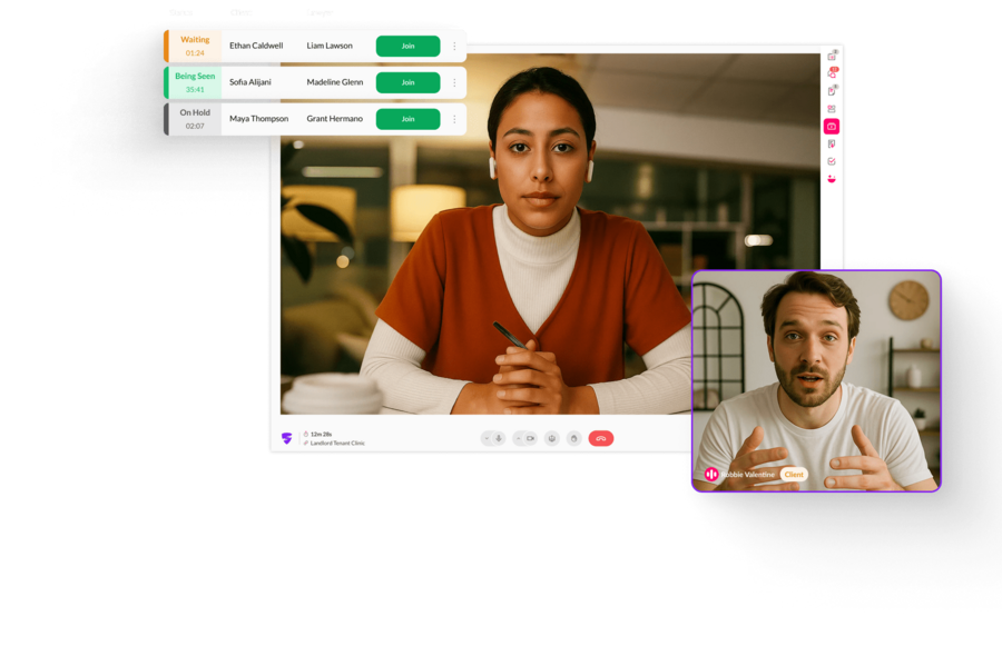 CaseAid platform interface showing video conferencing with family and legal case management dashboard